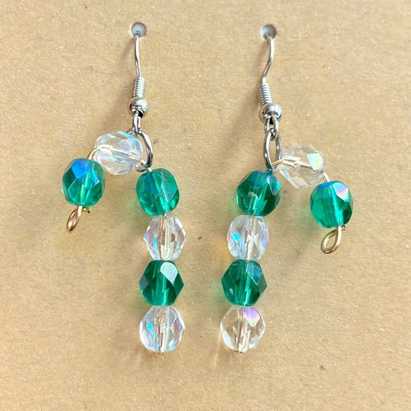 Green & Clear Faceted Beads Candy Cane Earrings - Picture 1 of 7